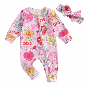 Pink Valentine Zipper Romper & Bow - PREORDER