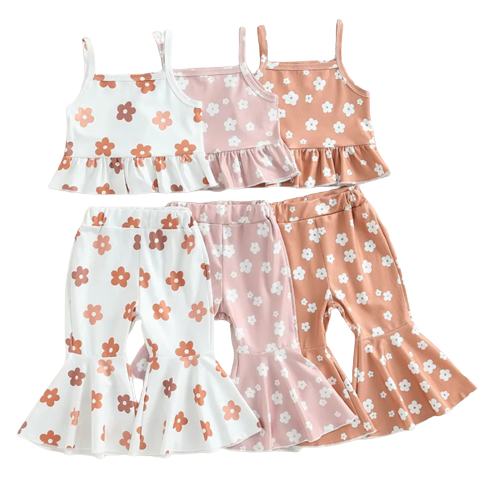 Neutral Kenzie Floral Ribbed Bells Outfits (3 Styles) - PREORDER