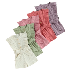 Solid Ribbed Ruffle Belt Rompers (8 Colors) - PREORDER