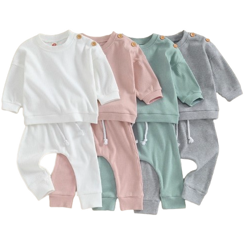 Solid Ribbed Button Jogger Outfits (4 Colors) - PREORDER