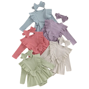 Solid Ribbed Romper Dresses & Bows (5 Colors) - PREORDER