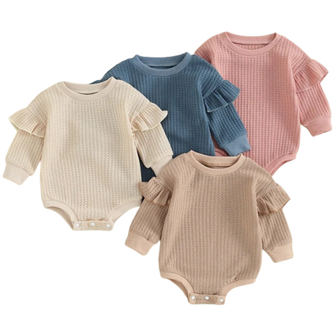 Solid Ruffle Sleeve Waffle Rompers (4 Colors) - PREORDER