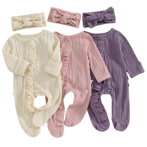 Solid Knitted Ruffle Rompers & Bows (3 Colors) - PREORDER