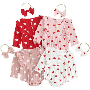 Mini Hearts Ribbed Rompers & Bows (4 Colors) - PREORDER