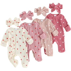 Mini Hearts Waffle Ruffle Rompers & Bows (4 Colors) - PREORDER
