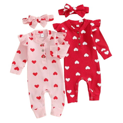 Solid Ribbed Hearts Rompers & Bows (2 Colors) - PREORDER