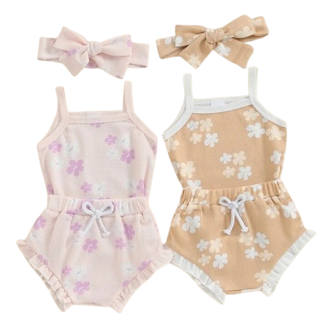 Neutral Kenzie Floral Waffle Tank Outfits & Bows (2 Colors) - PREORDER