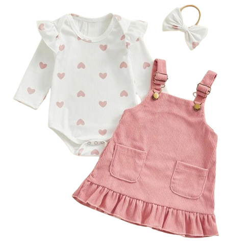 Pink Hearts Overalls Dress Outfit & Bow - PREORDER