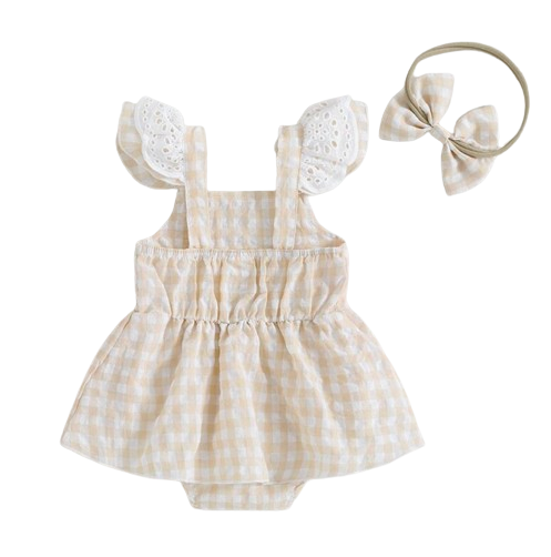 Plaid Lace Tank Romper & Bow - PREORDER