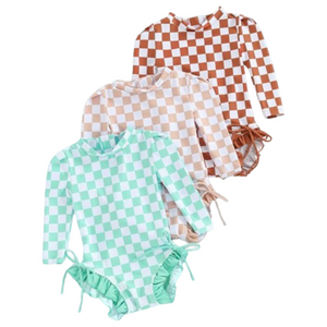 Checkered Ruffle Bum Swimsuits (3 Colors) - PREORDER