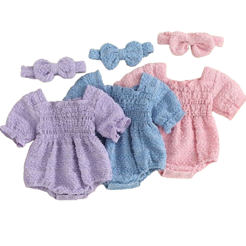 Spring Solid Ruched Rompers & Bows (3 Colors) - PREORDER