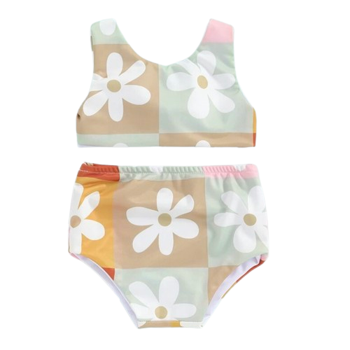 Pastel Neutral Checkered Daisies Swimsuit - PREORDER