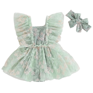 Green Floral Tutu Romper Dress & Bow - PREORDER