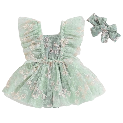 Green Floral Tutu Romper Dress & Bow - PREORDER