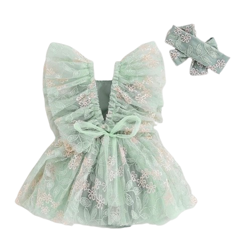 Green Floral Romper Dress & Bow - PREORDER