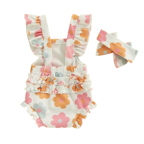 Kenzie Floral Waffle Ruffle Romper & Bow - PREORDER