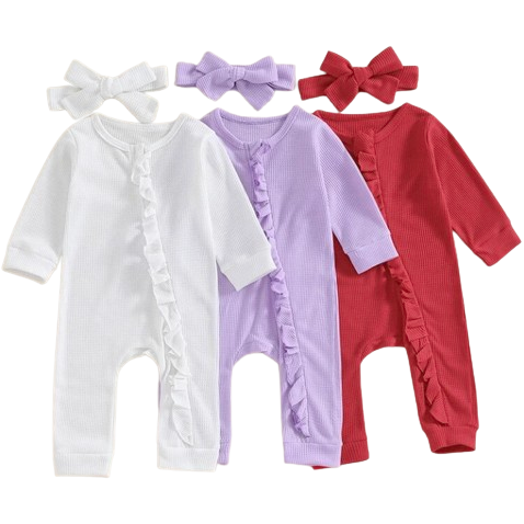 Solid Ruffle Waffle Rompers & Bows (3 Colors) - PREORDER
