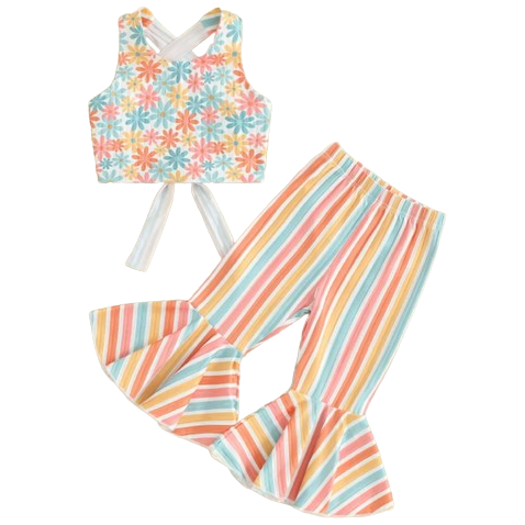 Spring Stripes & Flowers Backless Halter Outfit - PREORDER