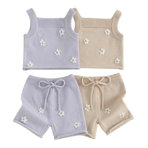 Neutral Knit Daisies Outfits (2 Colors) - PREORDER