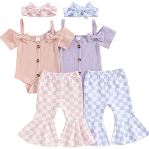 Girly Checkered Ribbed Outfits & Bows (2 Colors) - PREORDER