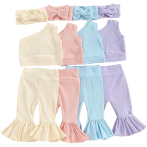 Spring One Shoulder Ribbed Outfits & Bows (4 Colors) - PREORDER