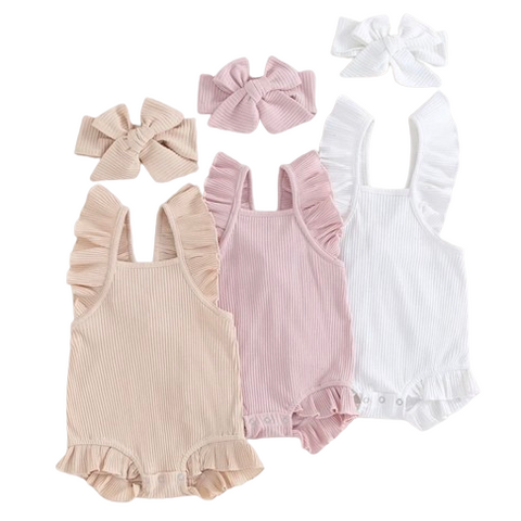 Ribbed Ruffle Tie Back Rompers & Bows (3 Colors) - PREORDER