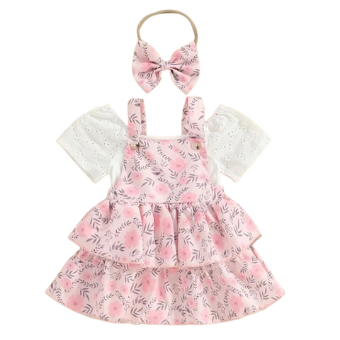 Pink Floral Lace Outfit Dress & Bow - PREORDER