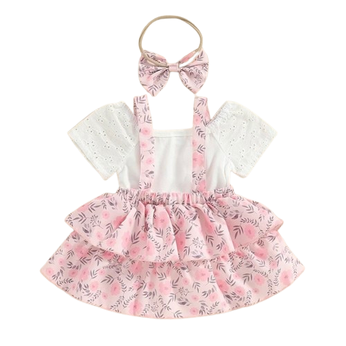 Pink Floral Lace Overalls Outfit Dress & Bow - PREORDER