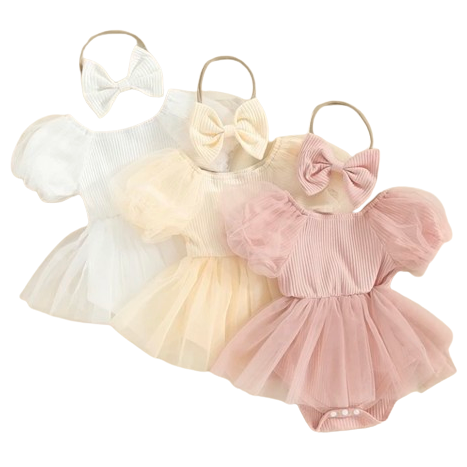 Ribbed Bubble Sleeve Tutu Romper Dresses & Bows (3 Colors) - PREORDER