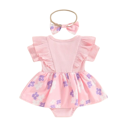 Pink & Purple Daisies Ribbed Romper Dress & Bow - PREORDER