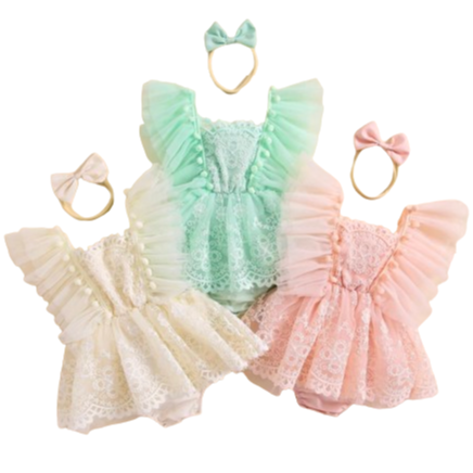 Floral Lace Tulle Romper Dresses & Bows (3 Colors) - PREORDER