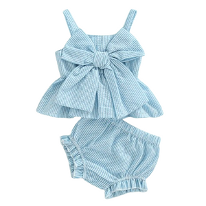 Sky Blue Big Bow Striped Outfit - PREORDER