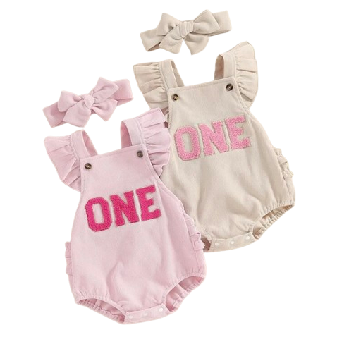 Solid Waffle ONE Patch Rompers & Bows (2 Colors) - PREORDER