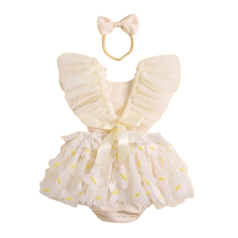 Creamy Daisies Tulle Romper Dress & Bow - PREORDER