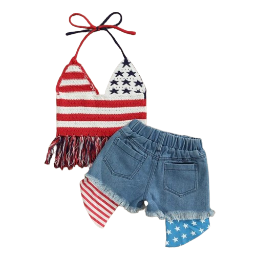 Flag + Stripes Tassels Denim Outfit - PREORDER