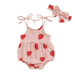 Pink Strawberries Waffle Romper & Bow - PREORDER