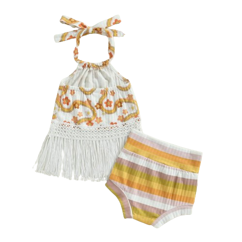 Groovy Daisies & Stripes Tassels Outfit & Bow - PREORDER