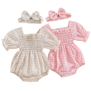 Plaid Puff Sleeve Rompers & Bows (2 Colors) - PREORDER