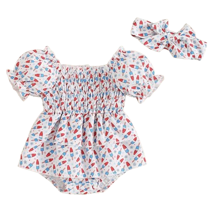 Bomb Pops & Daisies Puff Sleeve Romper Dress & Bow - PREORDER