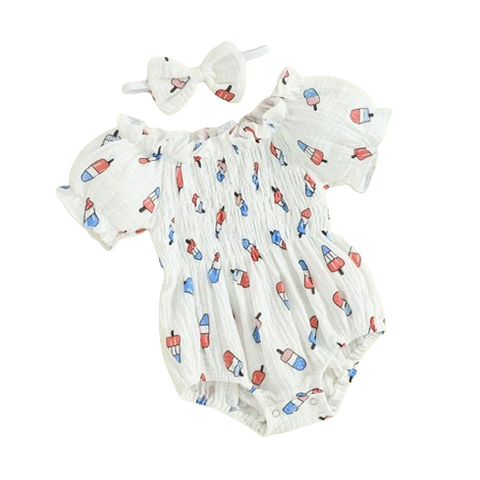 Bomb Pop Cotton Puff Sleeve Romper & Bow - PREORDER