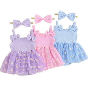 Sunflower Ribbed Bow Tutu Rompers & Bows (3 Colors) - PREORDER