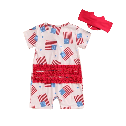 American Flags & Stars Ruffle Shorts Romper & Bow - PREORDER