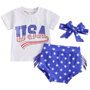 USA American Flag Tassels Outfit & Bow - PREORDER