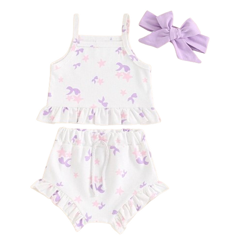 Mermaid Tails & Stars Waffle Tank Outfit & Bow - PREORDER