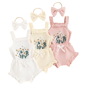 Embroidered Floral Waffle Ruffle Tank Outfits (3 Colors) - PREORDER