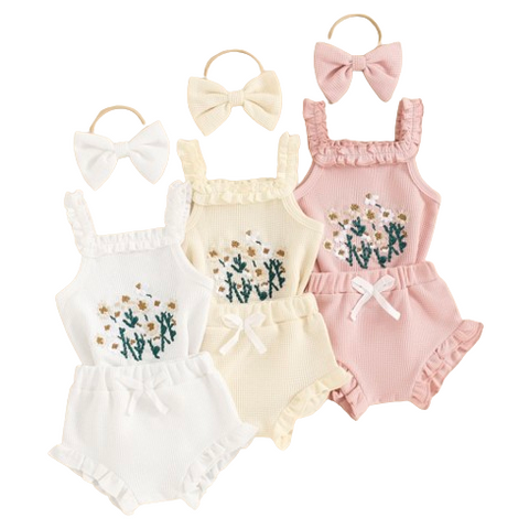 Embroidered Floral Waffle Ruffle Tank Outfits (3 Colors) - PREORDER