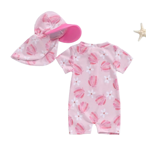 Sassy Pink Seashells Swimsuit & Hat - PREORDER