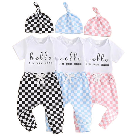 Hello Im New Here Checkered Outfits & Hats (3 Colors) - PREORDER
