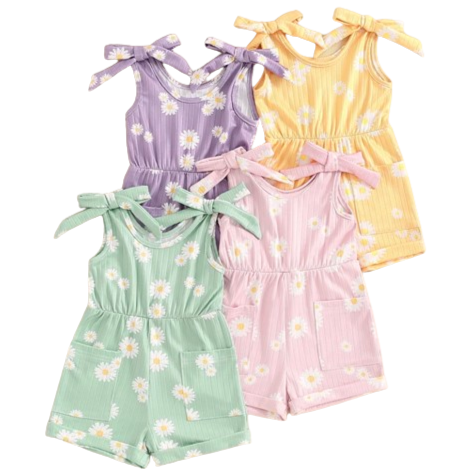 Sunflower Ribbed Tie Shorts Rompers (4 Colors) - PREORDER
