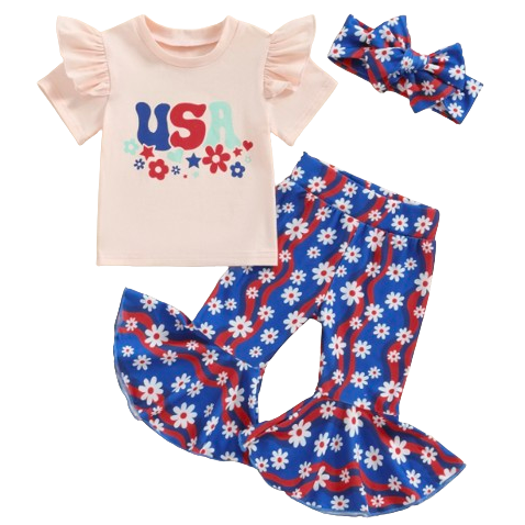 4th of July Groovy Daisies Bells Outfit & Bow - PREORDER